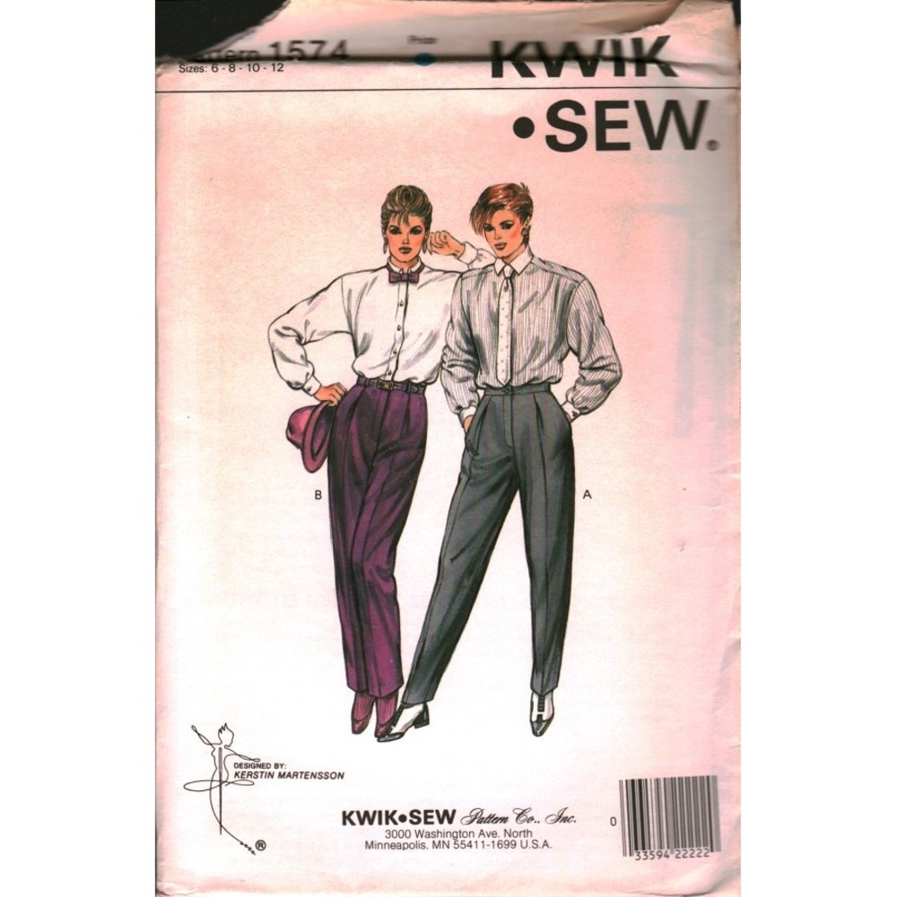 Kwik Sew 1574 Vintage 80s Misses Pleated Pants Sewing Pattern Size 6 8 10 12